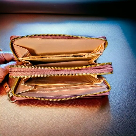 Vegan Double Zipper Multi section Wallet Wristlet Phone-Holder Clutch Gift - Picture 2 of 5